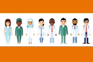 Clipart of a diverse group of doctors from around the world with a white and orange background.