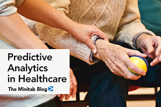Nurse assisting old person with holding ball with blog title Predictive Analytics in Healthcare and The Minitab Blog logo.