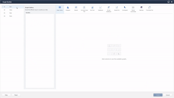 Minitab's graph builder in use, switching between different graphs showing data science solutions.
