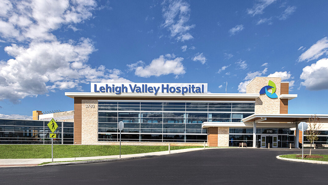 Front of Lehigh Valley hospital on a bright, sunny day.
